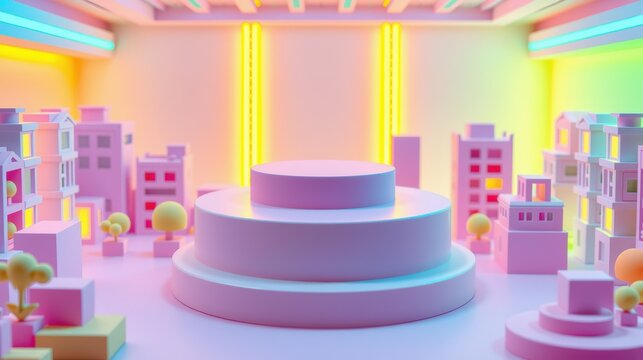 Pink stage design features miniature city buildings. Bright neon lights illuminate circular platform. Soft gradients create vibrant atmosphere.