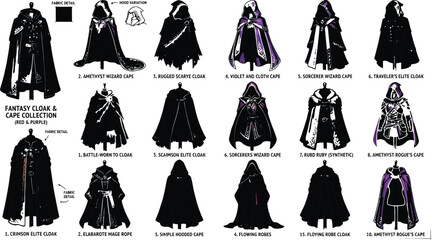 Fantasy wizard cloak and medieval magic cape character design sheet collection in dark red and deep purple vector illustration.Fantasy wizard cloak and medieval magic cape character design sheet colle © MdAnowar