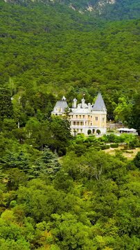 Vertical video. Masandra, Crimea. The Massandra Palace of Emperor Alexander III is located in the Upper Massandra on the southern coast of Crimea. Founding date XIX century. Drone footage. Rich color