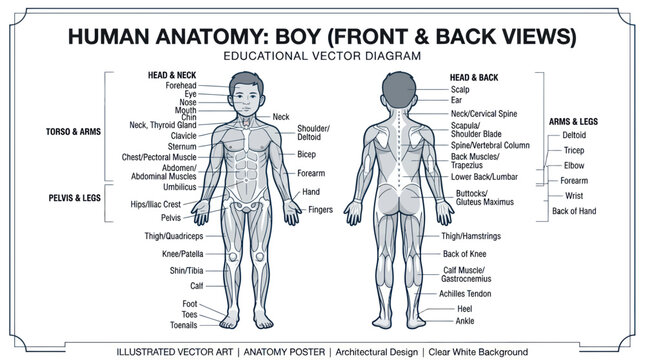 Human Anatomy: Boy Front and Back Views Educational Vector Diagram
