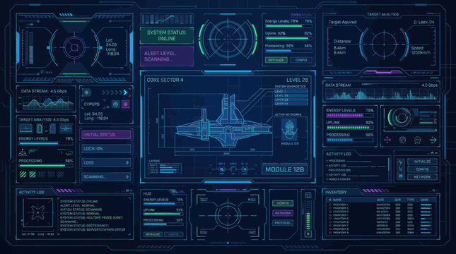 Futuristic Sci-Fi Spaceship Blueprint HUD Interface