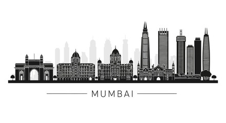 Naklejka premium Mumbai Skyline Silhouette: Iconic Indian City Architecture