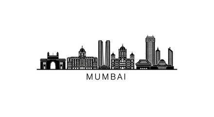Fototapeta premium Mumbai Skyline Silhouette: Iconic Indian City Buildings, Black and White Vector