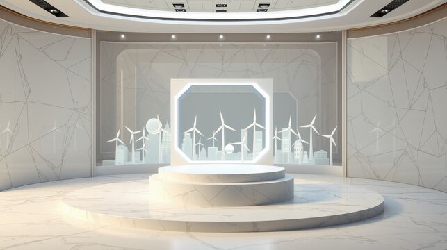 Minimalist studio space. White platforms, wind turbines visible through large window. Clean lines, modern design, bright interior.