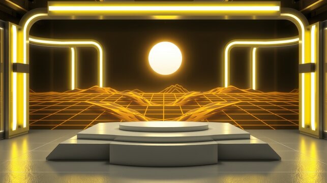 Futuristic stage design. Glowing neon lines create abstract landscape behind central platform. Minimalist, dark aesthetic dominates scene.