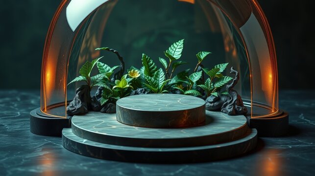 Dramatic presentation features lush plants inside glass dome. Dark marble base provides elegant contrast, warm lighting enhances scene.