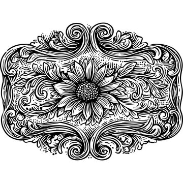 Vintage western sunflower tooled leather vector badges set
