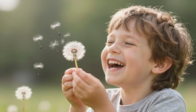 Laughing young boy outdoors blowing dandelion seeds, sunlit candid portrait capturing playful childhood joy and nature