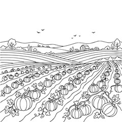 Obraz premium Black and white line art of a pumpkin patch field.