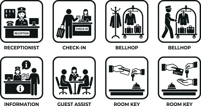 Hotel service and hospitality icon set featuring reception check in bellhop information guest assist and room key symbols vector.Hotel service and hospitality icon set featuring reception check in bel
