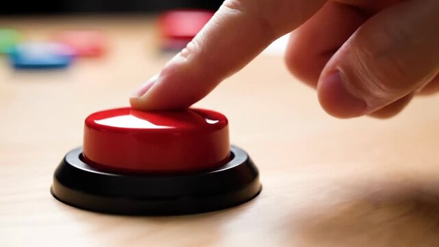 Finger pressing a large red buzzer button on a wooden table. Close-up of hand pushing a start or alert button. Decision and action concept