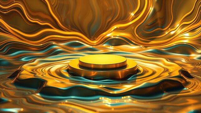 Golden pedestal surrounded by fluid waves. Dramatic lighting creates abstract, reflective surface. Modern design, elegant presentation.