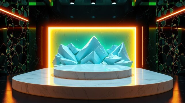 Futuristic stage setup. Blue polygonal mountains on white platform. Bright neon lights illuminate dark room. Dramatic presentation space.