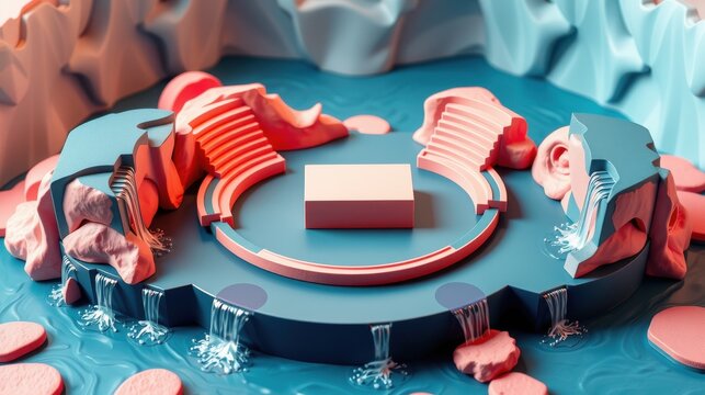 Abstract stage design. Pink structures surround blue platform. Waterfalls cascade down, creating surreal scene. Minimalist presentation space.