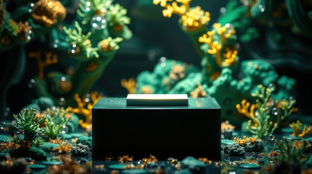 Dark oceanic scene. Rectangular prism displays small white object. Vibrant coral surrounds pedestal, creating surreal underwater ambiance.