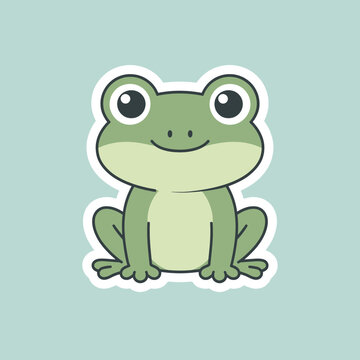A cute cartoon frog with a happy expression on a light blue background