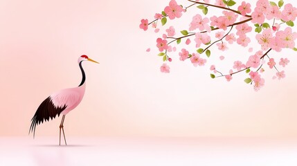 Fototapeta premium Elegant crane among pink cherry blossoms on serene background capturing beauty of nature and springtime