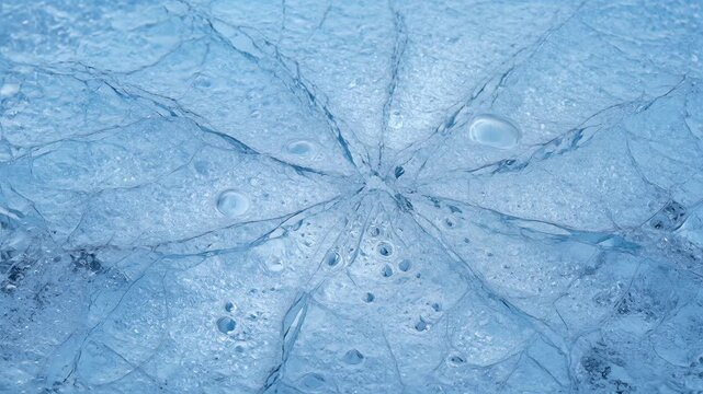 Close up view of cracked ice surface revealing trapped air bubbles and intricate frozen patterns