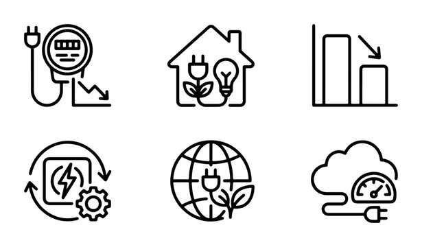 Energy Efficiency Icons Set, Eco-Friendly Power Solutions, Sustainable Technology Graphics, Renewable Energy Concepts, Electricity Meter and Globe Icons