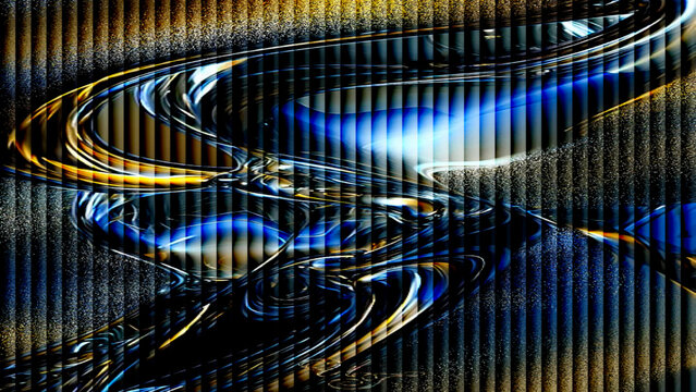 Abstract blue fractal background with lines, combining vintage technology, computer and typewriter metal textures, music-inspired design patterns, and subtle fire and black texture elements