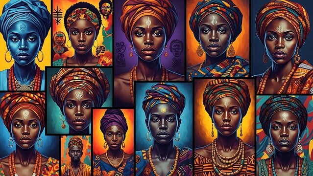 Portraits of diverse women in colorful headscarves and traditional attire