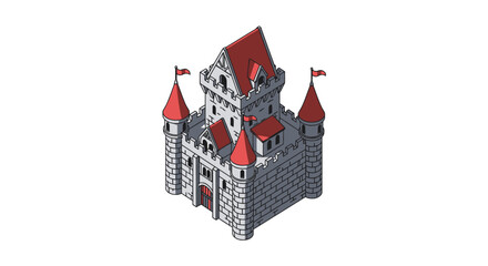 Medieval isometric castle with red towers and flags © andi