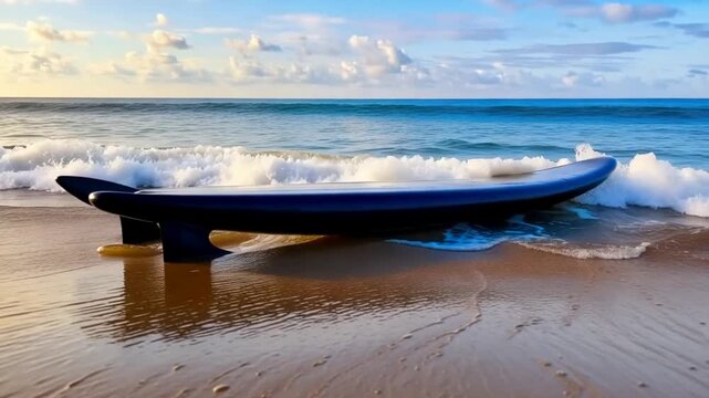 A boogie board lies on a sandy beach with waves