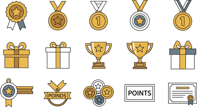 Loyalty reward program icon set with medals trophies gift boxes certificates and bonus points flat line vector illustration.Loyalty reward program icon set with medals trophies gift boxes certificates