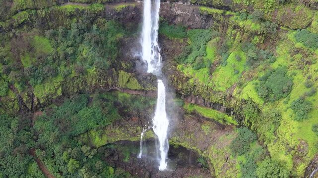 Monsoon waterfall in Sahyadri Hills aerial drone photography