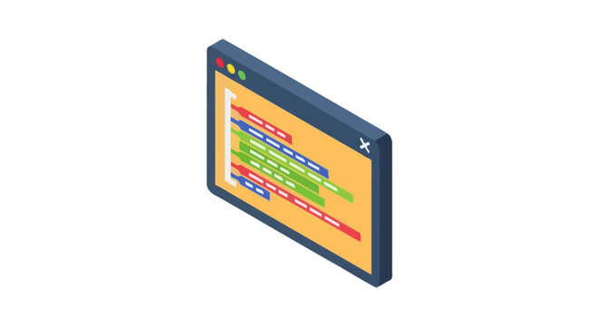 Software engineering window with source code in isometric view