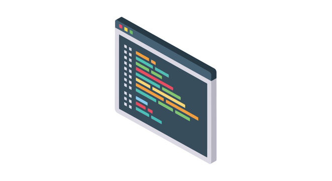 Isometric web development window with code syntax