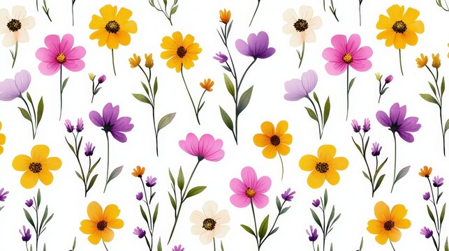 Colorful Floral Pattern with Various Flowers on a White Background for Creative Designs