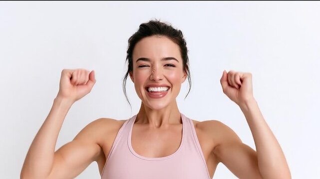 The woman excitedly throws both hands up with open palms near her face, mouth wide open in a surprised, happy cheer.