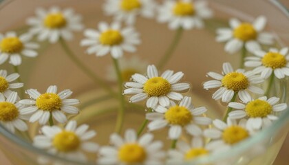 Fototapeta premium Close-up of chamomile flowers with white petals and yellow centers floating in water, softly lit with a shallow depth of field