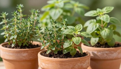 Fototapeta premium Three terracotta pots holding small green herb plants on a bright surface, close-up of thyme and oregano-style seedlings in potting soil