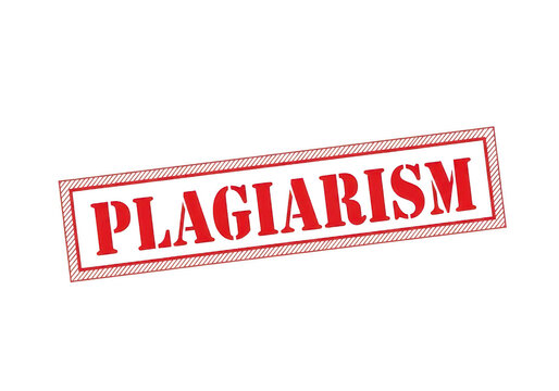 Red rectangular rubber stamp with the word plagiarism, warning sign for academic integrity, copyright violation, and intellectual property theft isolated on a transparent background