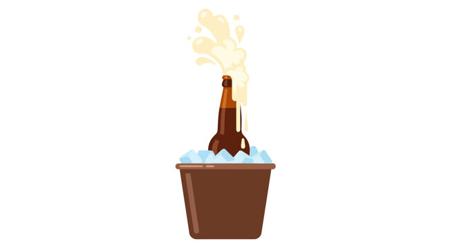 Cold beer bottle in ice bucket with exploding foam splash vector