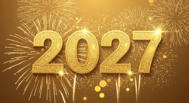 A golden image with 2027 written in large letters surrounded by fireworks illustration