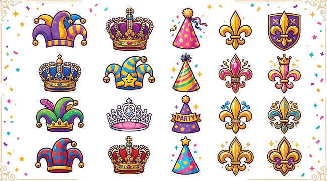 Mardi Gras festival and carnival element collection with jester hats royal crowns fleur de lis symbols and party hats vector illustration.Mardi Gras festival and carnival element collection with jeste