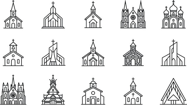 Minimalist church and cathedral line icon set featuring traditional christian chapels gothic basilicas and modern religious buildings vector.Minimalist church and cathedral line icon set featuring tra