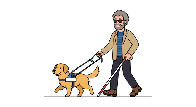 A blind man walks while being guided by a small dog.