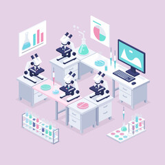 Fototapeta premium Isometric view of a laboratory with microscopes and scientific equipment