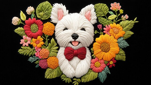 Cute White Puppy with Red Bow Tie Surrounded by Colorful Embroidery Flowers and Leaves on Black Background