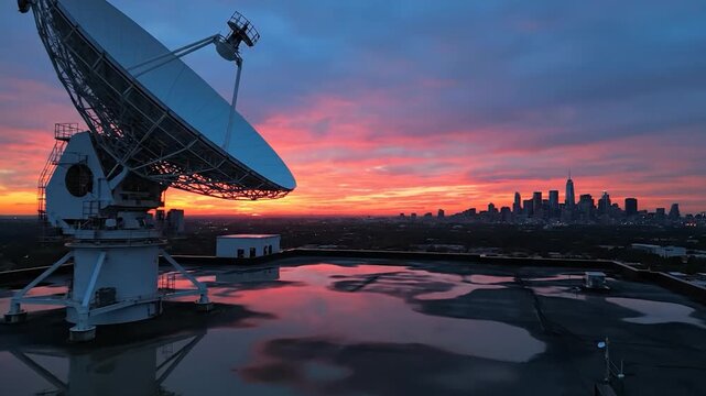 Large satellite dish on urban rooftop with city skyline at sunset