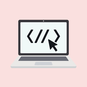 A laptop computer with a coding symbol and a mouse cursor on the screen