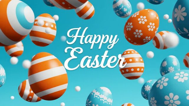Happy easter greeting background, with floating colorful, decorated eggs and, soft bokeh spheres, for holiday celebration motion