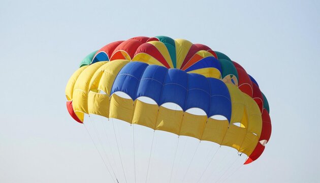 Colorful multicolored parasail canopy billowing against a clear pale blue sky