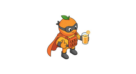 Fototapeta premium Superhero orange fruit character mascot holding a glass of juice