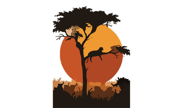 Safari Sunset Landscape With Leopard Tree Silhouette Vector Design