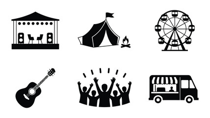 Festival entertainment icon collection with concert stage crowd guitar tent Ferris wheel and food truck in vector style © MstMaya